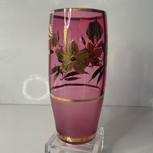 VINTAGE CRANBERRY VASE WITH RAISED GOLD DESIGN CZECHOSLOVAKIAN BOHEMIAN